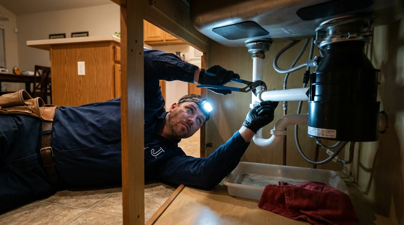 P-trap and supply line connections under a kitchen sink showing a common leak point in Randleman, NC